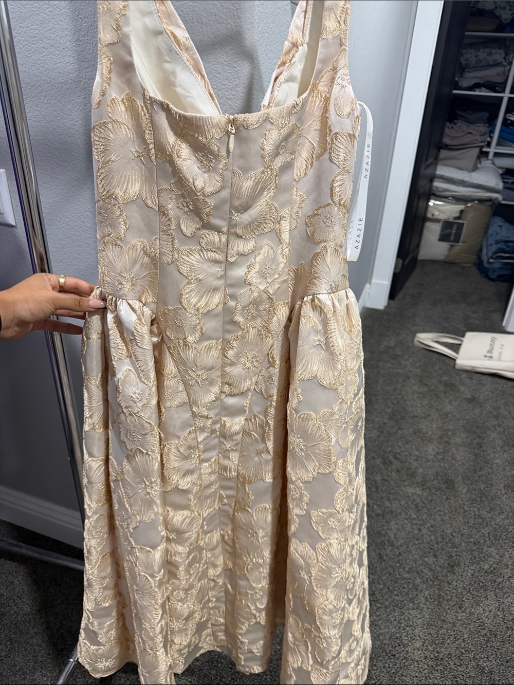 Azazie Champagne Floral Brocade Midi Dress - Picture 3 of 3